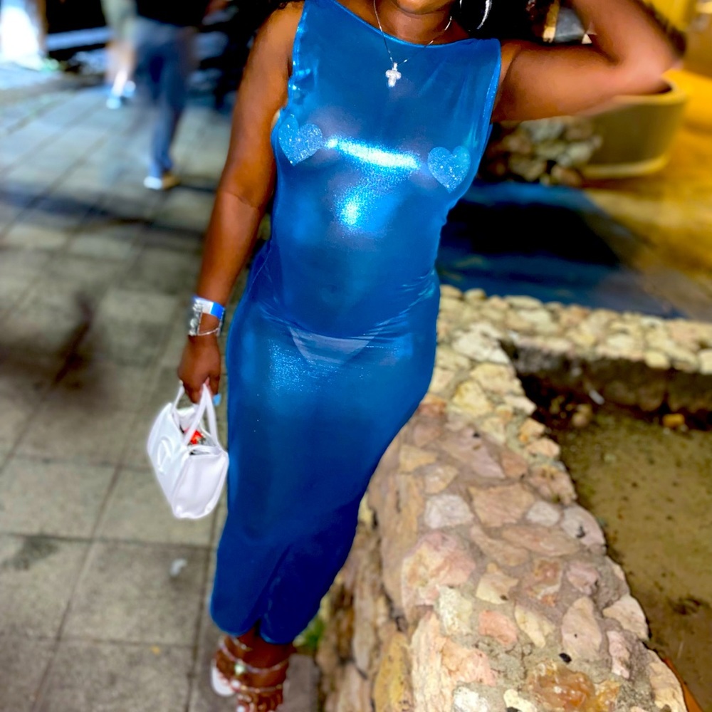 See through blue dress